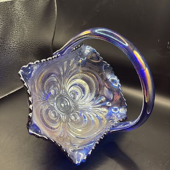 L. E. Smith Glass Co. - Revival Cobalt Blue Carnival Scroll Basket - Picture 5 of 7